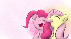 Size: 1960x1080 | Tagged: safe, artist:dshou, fluttershy, pinkie pie, earth pony, pegasus, pony, g4, abstract background, duo, ear bite, eyes closed, female, happy, lesbian, mare, ship:flutterpie, shipping, smiling