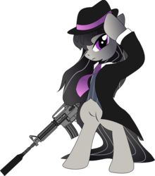 Size: 1146x1300 | Tagged: safe, artist:shysolid, octavia melody, earth pony, pony, g4, ar-15, bipedal, clothes, female, gun, mafia octavia, rifle, simple background, solo, suit, suppressor, transparent background, weapon, who needs trigger fingers