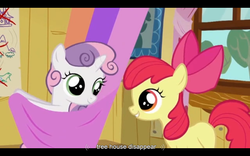 Size: 960x600 | Tagged: safe, screencap, apple bloom, sweetie belle, earth pony, unicorn, g4, the show stoppers, clubhouse, crusaders clubhouse, dumb fabric, duo, youtube caption