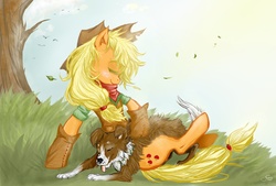 Size: 2000x1349 | Tagged: safe, artist:cruelseptember, applejack, winona, g4, clothes, tree, windswept mane