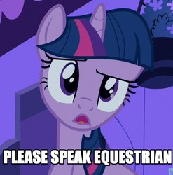 Size: 678x687 | Tagged: safe, edit, edited screencap, screencap, twilight sparkle, pony, unicorn, g4, bust, cropped, female, image macro, language, mare, meme, open mouth, reaction image, solo, unicorn twilight