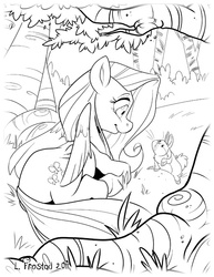 Size: 500x647 | Tagged: safe, artist:frostadflakes, fluttershy, pony, g4, animal, female, lineart, monochrome, solo, tree