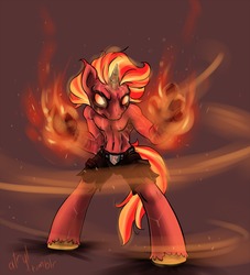Size: 1089x1200 | Tagged: safe, artist:atryl, oc, oc only, oc:pyro, anthro, unguligrade anthro, anthro oc, clothes, fire, simple background, solo, topless