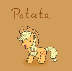 Size: 981x971 | Tagged: safe, artist:mr-1, applejack, earth pony, pony, g4, female, heresy, mare, open mouth, orange background, potato, potatojack, simple background, smiling, solo, text, wat