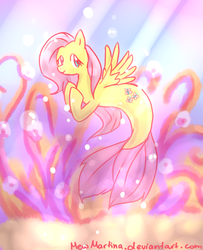 Size: 1228x1512 | Tagged: safe, artist:churobu, fluttershy, hippocampus, merpony, g4, bubble, coral, crepuscular rays, cute, digital art, female, fish tail, flowing mane, flowing tail, green eyes, happy, looking at you, ocean, scales, seaponified, seaweed, smiling, smiling at you, solo, species swap, sunlight, swimming, tail, underwater, water, watershy