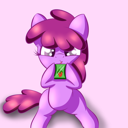 Size: 2000x2000 | Tagged: safe, artist:goldenmercurydragon, berry punch, berryshine, earth pony, pony, g4, berrybetes, cute, daaaaaaaaaaaw, female, filly, high res, juice box, pink background, simple background, sitting, solo