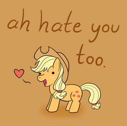 Size: 981x971 | Tagged: safe, artist:mr-1, edit, applejack, earth pony, pony, g4, female, hate, heart, i hate you, simple background, smiling, solo