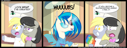Size: 1875x712 | Tagged: safe, artist:eljonek, artist:epulson, derpy hooves, dj pon-3, octavia melody, vinyl scratch, changeling, earth pony, pegasus, pony, g4, comic, female, mare, no pupils, science, what has science done, wub
