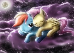 Size: 1400x1000 | Tagged: safe, artist:sunegem, fluttershy, rainbow dash, g4, cloud, cloudy, cuddling, hug, moon, night, sleeping, snuggling, stars