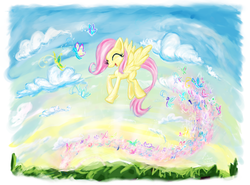 Size: 1779x1317 | Tagged: safe, artist:poptartnyan, fluttershy, butterfly, pegasus, pony, g4, cloud, eyes closed, female, filly, flying, happy, solo