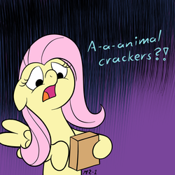 Size: 1024x1024 | Tagged: safe, artist:mr-1, fluttershy, pegasus, pony, g4, animal crackers, dialogue, female, fluttershy discovers animal crackers, horrified, mare, open mouth, scared, signature, solo, spread wings, wings