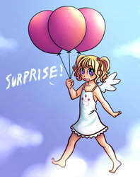 Size: 1000x1260 | Tagged: safe, artist:ninjaham, surprise, human, g1, balloon, barefoot, clothes, dress, feet, humanized, sky background, solo, winged humanization, wings