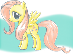 Size: 578x431 | Tagged: safe, artist:ingthing, fluttershy, pegasus, pony, g4, abstract background, female, mare, profile, smiling, solo, spread wings, standing, wings
