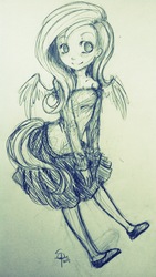 Size: 721x1280 | Tagged: safe, artist:retrofluff, fluttershy, human, g4, clothes, humanized, skirt, solo, tailed humanization, traditional art, winged humanization