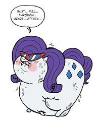 Size: 390x512 | Tagged: safe, artist:krampuskind, rarity, pony, unicorn, g4, blushing, fat, female, glasses, heart attack, impossibly large butt, mare, morbidly obese, obese, raritubby, simple background, solo, sweat, weight gain, white background