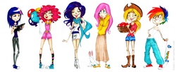 Size: 1303x539 | Tagged: safe, artist:fukari, angel bunny, applejack, fluttershy, pinkie pie, rainbow dash, rarity, twilight sparkle, human, g4, apple, balloon, book, boots, clothes, converse, dress, humanized, jeans, long skirt, mane six, overalls, pants, sandals, scarf, shoes, simple background, skateboard, skinny, skirt, socks, sweater, sweatershy, tank top, thin, white background