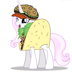 Size: 426x426 | Tagged: safe, artist:mixermike622, fleur-de-lis, pony, unicorn, g4, burger, clothes, costume, female, food, food costume, happy, hat, mare, silly, silly pony, simple background, smiling, solo, taco, taco costume, taco suit, transparent background