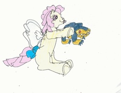 Size: 779x600 | Tagged: safe, artist:zeldatheswordsman, rosedust, flutter pony, pony, stoneback, g1, baby, baby pony, female, filly, pacifier, plushie