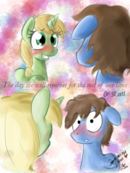 Size: 1536x2048 | Tagged: safe, artist:claireannecarr, oc, oc:claire anne carr, oc:la-monge, pegasus, pony, unicorn, abstract background, blushing, cute, eye contact, female, grin, heart, looking at each other, love, male, mare, raised hoof, smiling, squee, stallion, wide eyes