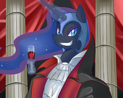 Size: 1000x800 | Tagged: dead source, safe, artist:sallymon, nightmare moon, pony, g4, alcohol, castlevania, castlevania: symphony of the night, crossover, dracula, female, mane, pillar, platformer, solo, what is a man, wine, wine glass