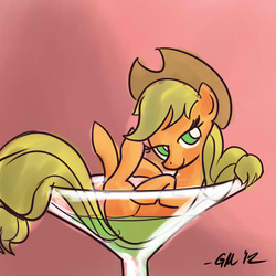 Size: 640x640 | Tagged: safe, artist:giantmosquito, applejack, earth pony, pony, g4, appletini, cup of pony, drink, female, food, looking at you, micro, solo