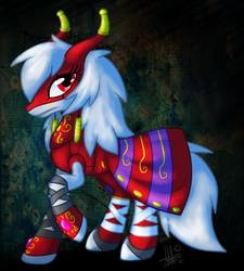 Size: 973x1079 | Tagged: safe, artist:thepipefox, pony, arukenimon, dark background, digimon, female, mare, ponified, simple background, solo