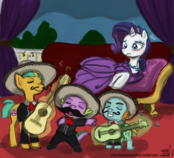 Size: 1000x909 | Tagged: safe, artist:johnjoseco, rarity, snails, snips, spike, dragon, pony, unicorn, g4, aura, band, clothes, colored, colored sketch, colt, costume, dress, eyes closed, fainting couch, fake moustache, female, foal, guitar, hat, levitation, magic, male, mare, mariachi, musical instrument, necklace, open mouth, ship:sparity, shipping, sketch, straight, telekinesis
