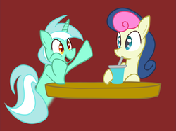 Size: 2000x1499 | Tagged: safe, artist:bambooharvester, artist:seapony-maid-bonbon, bon bon, lyra heartstrings, sweetie drops, earth pony, pony, unicorn, g4, colored pupils, drink, drinking, duo, red background, simple background, smiling, smoothie, table