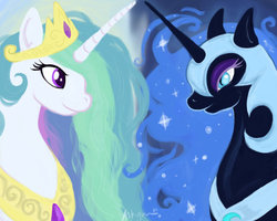 Size: 900x720 | Tagged: dead source, safe, artist:askyren, nightmare moon, princess celestia, alicorn, pony, g4, duo, female