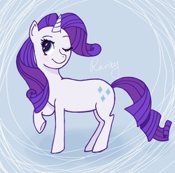 Size: 557x550 | Tagged: safe, artist:minisees, rarity, pony, unicorn, g4, female, mare, one eye closed, one leg raised, side view, simple background, solo, text, wink