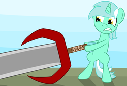 Size: 1868x1267 | Tagged: safe, artist:alexstrazse, lyra heartstrings, pony, g4, bipedal, female, filly, solo, sword