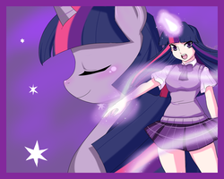 Size: 1800x1440 | Tagged: safe, artist:ninja-8004, twilight sparkle, human, g4, clothes, horn, horned humanization, humanized, magic, skirt, solo, wide hips