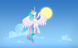 Size: 1920x1200 | Tagged: safe, artist:pozdn9k, princess celestia, alicorn, pony, g4, celestial mechanics, female, flying, sky, solo, sun