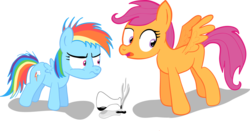 Size: 3812x2005 | Tagged: safe, artist:valaraukador, rainbow dash, scootaloo, pegasus, pony, g4, age regression, filly, high res, older, role reversal, simple background, transparent background