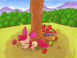 Size: 800x600 | Tagged: safe, artist:gachucho, apple bloom, g4, apple, orchard, sleeping, tree