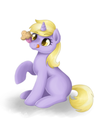 Size: 600x800 | Tagged: safe, artist:amenoo, dinky hooves, pony, unicorn, g4, eyes on the prize, female, filly, mlem, muffin, raised hoof, signature, silly, simple background, sitting, solo, tongue out, transparent background