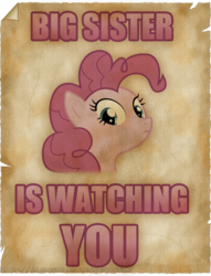 Size: 731x959 | Tagged: safe, artist:alonguy, pinkie pie, earth pony, pony, g4, 1984, big brother is watching, george orwell, parody, pinkie pie is watching you, poster, propaganda, solo