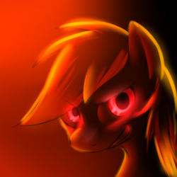 Size: 300x300 | Tagged: safe, artist:cat-cly, artist:firestormdangerdash, oc, oc only, oc:firestorm, pony, bust, creepy, creepy grin, female, glowing eyes, gradient background, grin, looking at you, mare, portrait, smiling, solo