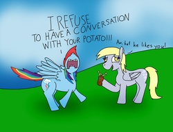 Size: 2694x2052 | Tagged: safe, artist:numbuh0051, derpy hooves, rainbow dash, pegasus, pony, g4, 2012, description in comments, duo, female, high res, mare, outdoors, potato, rainbow dash is not amused, unamused, yelling