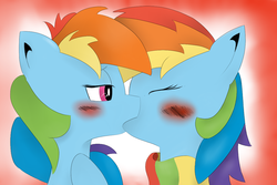 Size: 1200x800 | Tagged: safe, artist:rd-likes-steroids, rainbow dash, pegasus, pony, g4, blushing, double rainbow, duo, female, kiss on the lips, kissing, lesbian, mare, selfcest, ship:dashdash, shipping