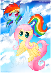 Size: 700x1008 | Tagged: safe, artist:stepandy, fluttershy, rainbow dash, pegasus, pony, g4, cloud, female, flying, looking at you, mare, sky, smiling