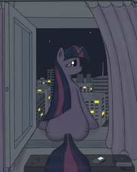 Size: 1439x1803 | Tagged: safe, artist:xyi, twilight sparkle, pony, unicorn, g4, book, both cutie marks, butt, cellphone, city, curtains, female, key, mare, night, plot, sitting, solo, unicorn twilight, window