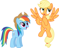 Size: 7769x6265 | Tagged: safe, artist:mysteriouskaos, applejack, rainbow dash, earth pony, pegasus, pony, g4, absurd resolution, accessory swap, duo, duo female, earth pony rainbow dash, female, flapplejack, hatless, mare, missing accessory, race swap, role reversal, simple background, story included, transparent background, vector