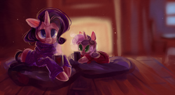 Size: 2779x1528 | Tagged: safe, artist:iamthecowboysmuggler, rarity, sweetie belle, g4, clothes, fireplace, mug, sweater