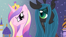 Size: 1920x1080 | Tagged: safe, artist:oomles, princess cadance, queen chrysalis, changeling, changeling queen, g4, female, wallpaper