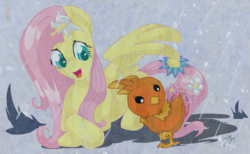 Size: 650x400 | Tagged: safe, artist:zowieblaze, fluttershy, pegasus, pony, torchic, g4, colored pupils, female, flower, flower in hair, mare, one wing out, open mouth, pokémon, rain