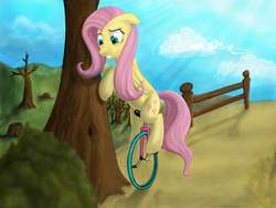 Size: 3200x2400 | Tagged: safe, artist:hereticalrants, fluttershy, g4, high res, struggling, tree, unicycle