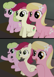 Size: 1014x1450 | Tagged: safe, artist:why485, daisy, flower wishes, lily, lily valley, roseluck, ask the flower trio, g4, 4koma, comic, exploitable meme, female, flower trio, reaction guys, reaction ponies, trio, trio female