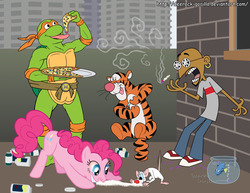 Size: 1100x850 | Tagged: safe, artist:deerock-gorilla, pinkie pie, g4, cigarette, clone high, cocaine, crossover, dory, drugs, finding nemo, gandhi, heroin, junkie pie, male, michelangelo, pinky (pinky and the brain), pinky and the brain, raisins, teenage mutant ninja turtles, tigger, winnie the pooh