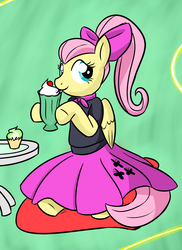 Size: 1118x1535 | Tagged: safe, artist:zanezandell, fluttershy, pegasus, pony, g4, 50's fashion, 50s, bow, clothes, dress, milkshake, ponytail, poodle skirt, skirt